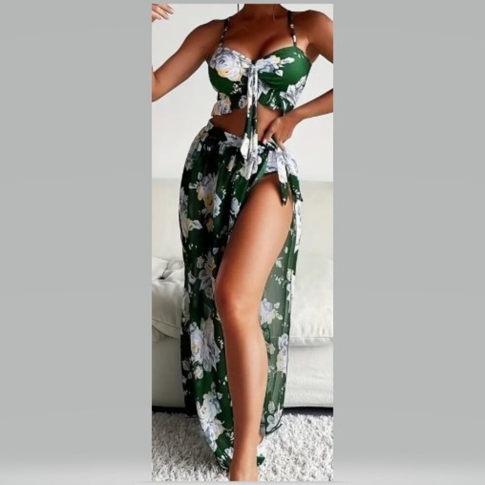 3-Piece Green Floral Swim Set